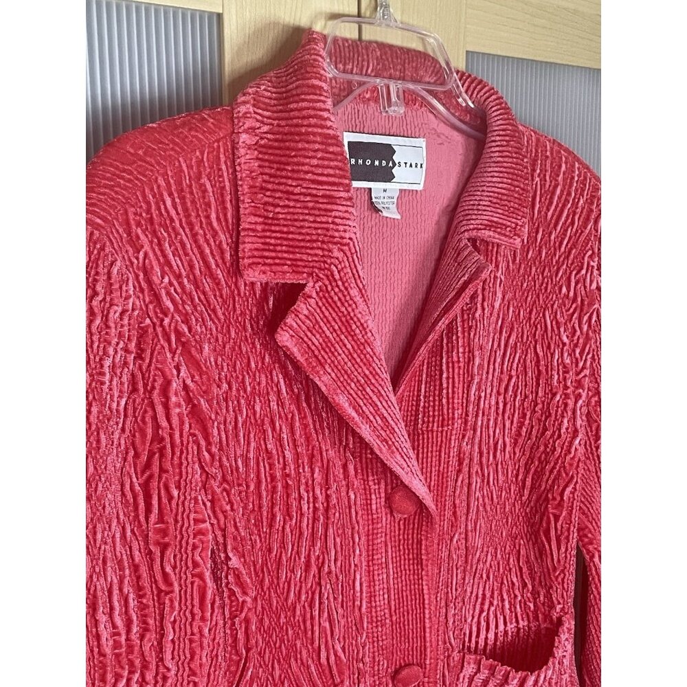 Rhonda Stark Jacket Womens Medium Red Textured Crinkle Cardigan Blazer Velvet - Picture 2 of 6